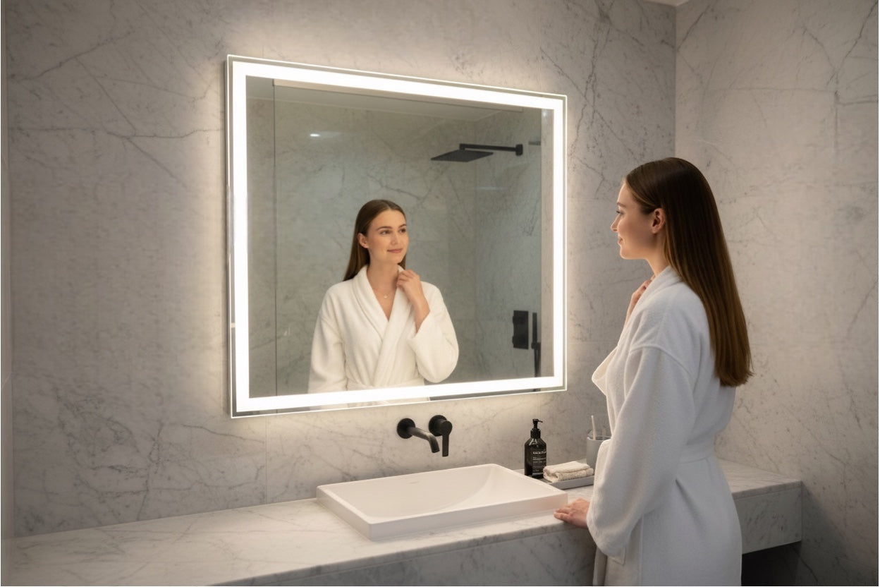 Vanitibox frameless LED bathroom mirror with touch controls and adjustable white light. Features a sleek design and IP55 rating.