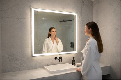 Vanitibox frameless LED bathroom mirror with touch controls and adjustable white light. Features a sleek design and IP55 rating.