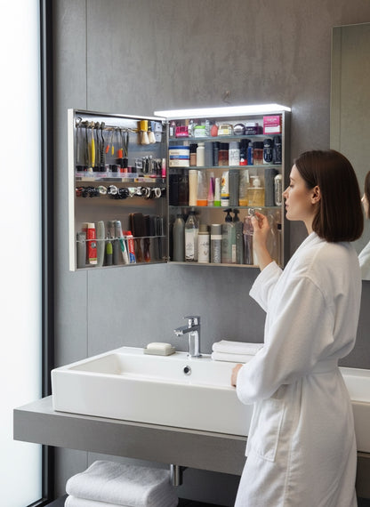 Vanitibox stainless steel family bathroom mirror cabinet with internal organization for toiletries, makeup, and grooming essentials.