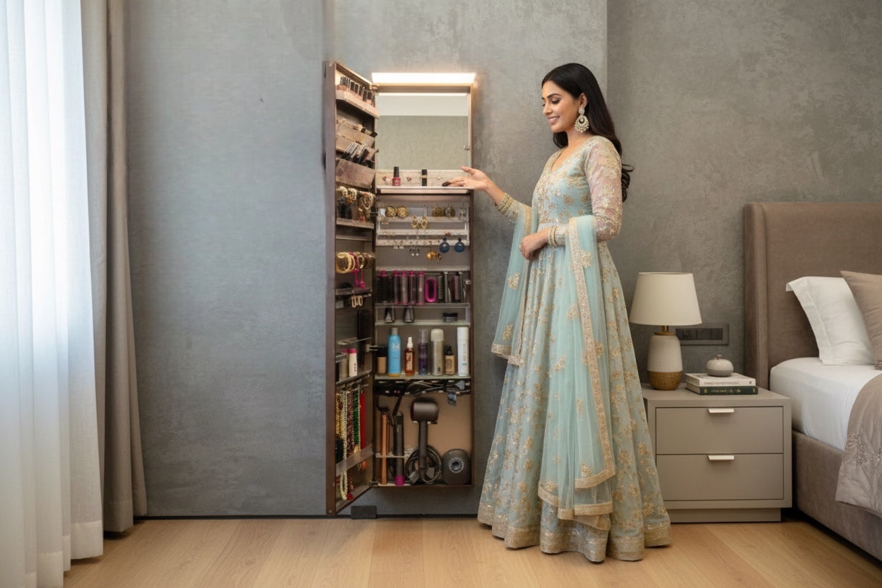 Vanitibox stainless steel makeup and jewelry armoire with internal mirror and organized storage. Features include earring, ring, necklace, and bottle compartments.